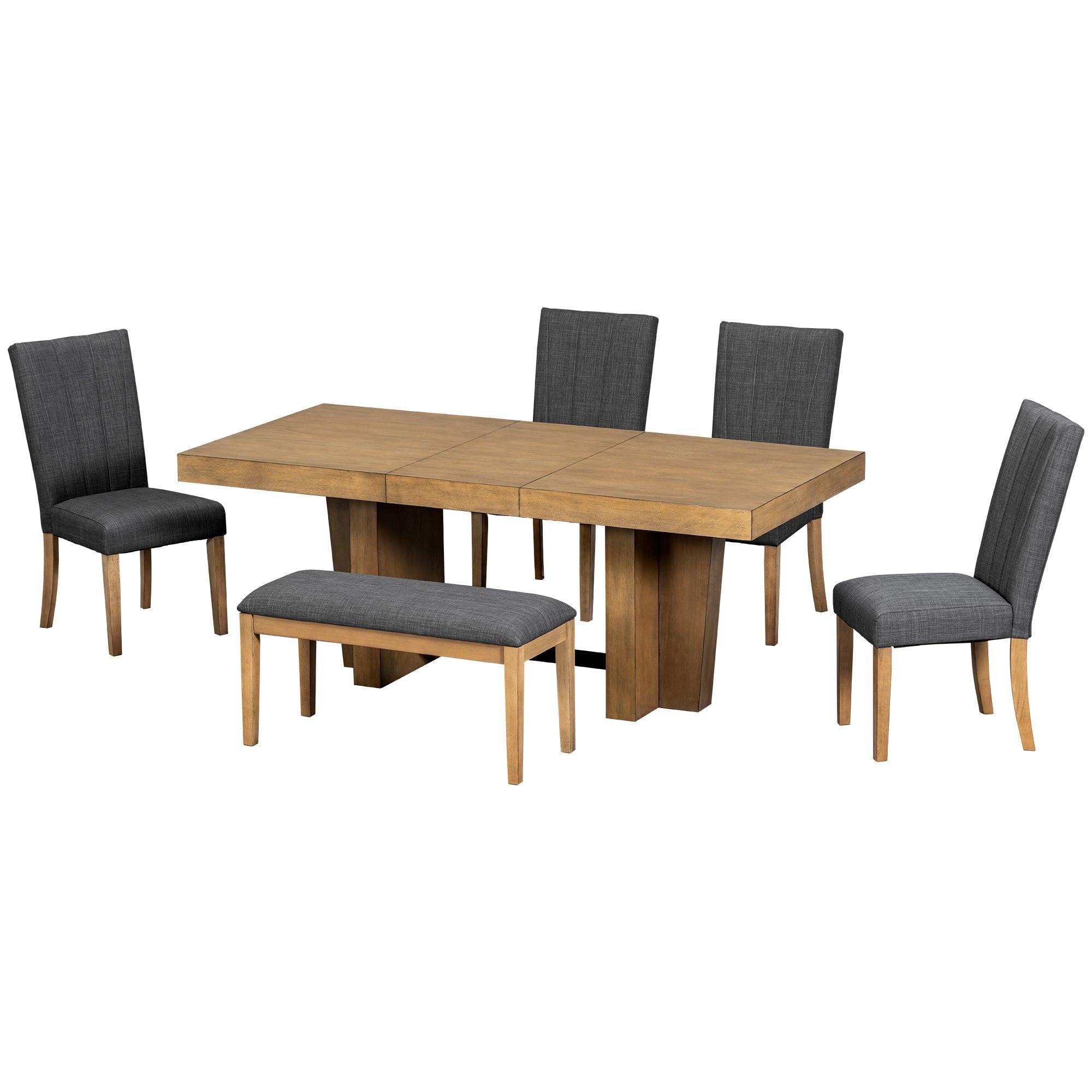 Extendable Wood Dining Table Set for 6 with Bench & Chairs.