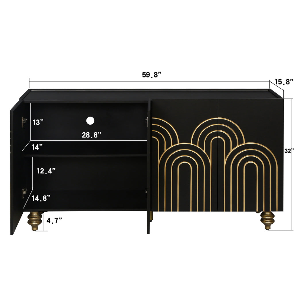 Modern Fluted Sideboard Buffet with Storage, Curve Element with Strict Lines, Black MDF 4-Door Cabinet