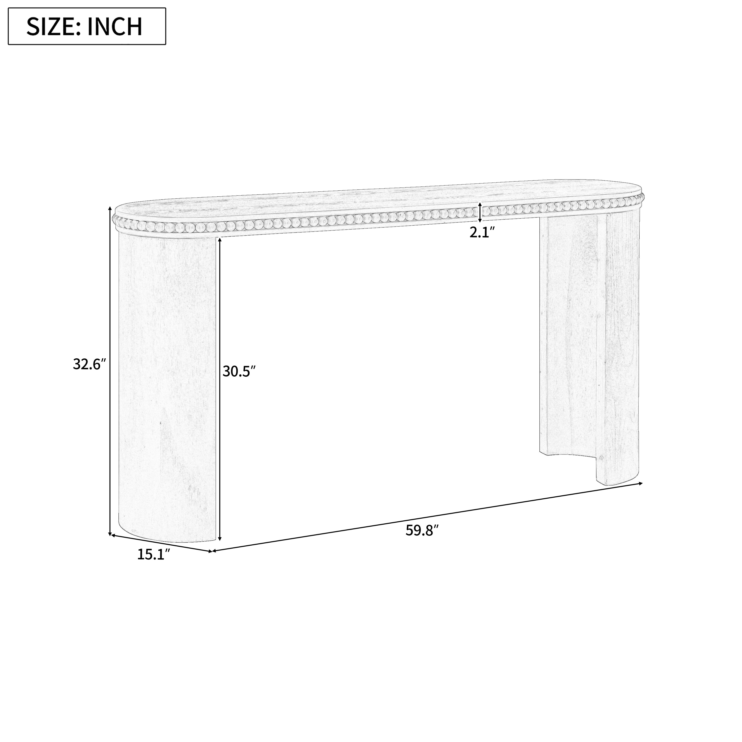 Dimension diagram of Mirod Console Table with beaded trim and curved legs, measuring 59.8 inches wide and 32.6 inches tall.