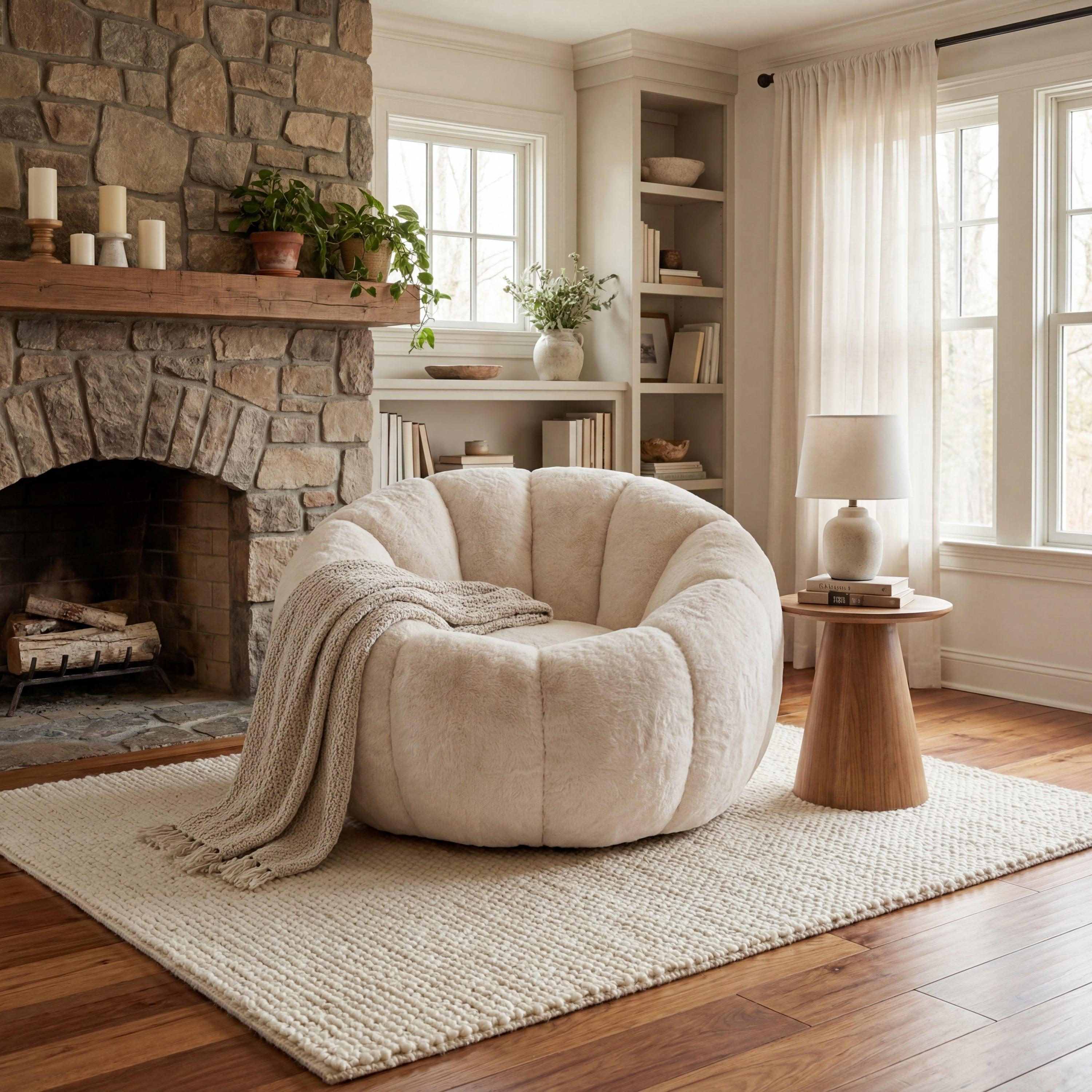 Beige Bean Bag Chair - Floral-Shaped Soft Sofa for Living Room.