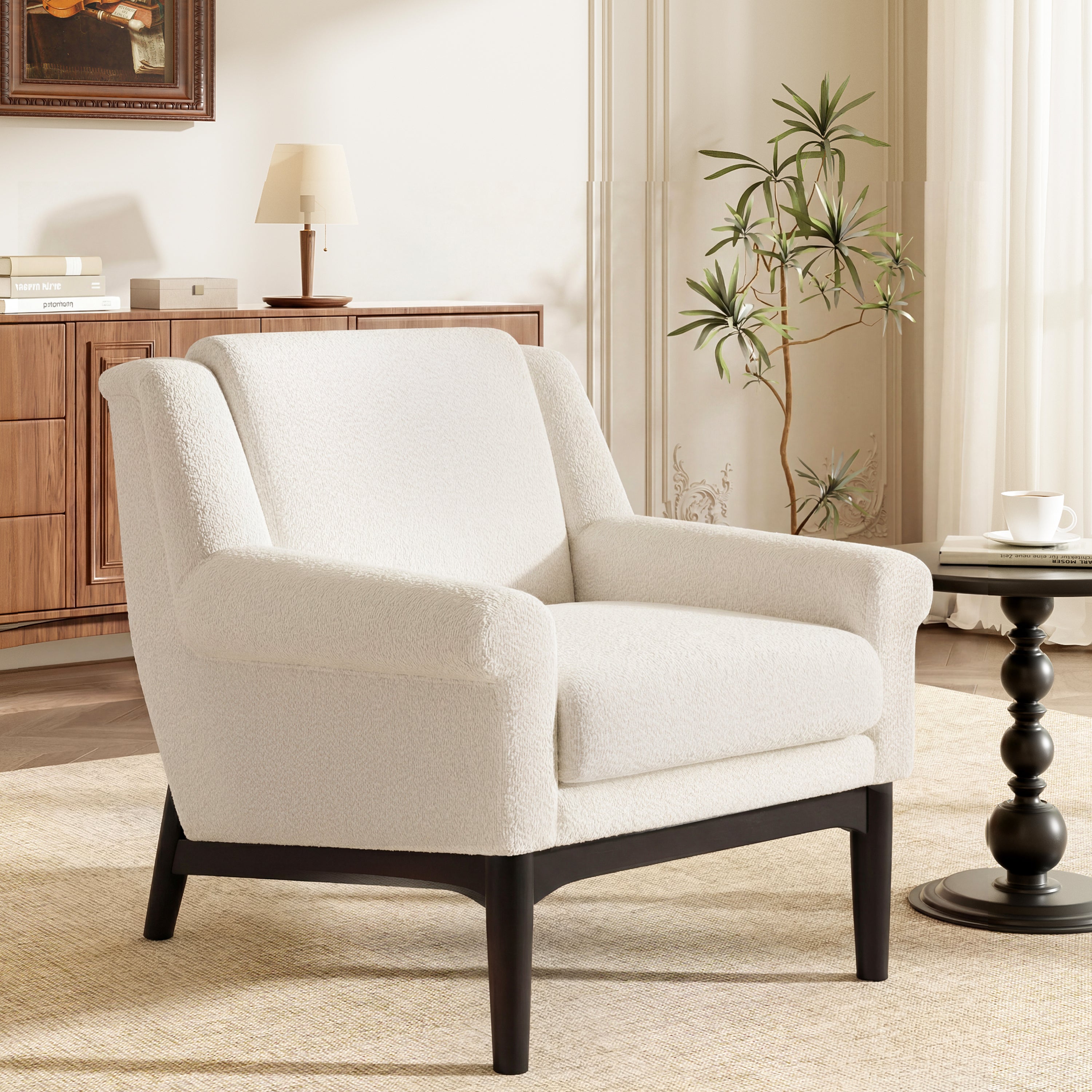 Beige Boucle Accent Chair with Flared Arms and Solid Wood Legs