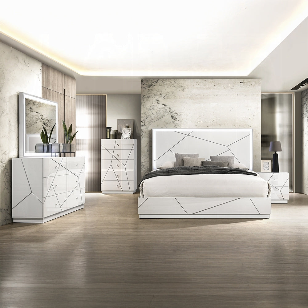 Full contemporary bedroom set featuring King Bed w LED, matching dressers, and nightstand in white and silver high gloss.