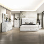 Full contemporary bedroom set featuring King Bed w LED, matching dressers, and nightstand in white and silver high gloss.