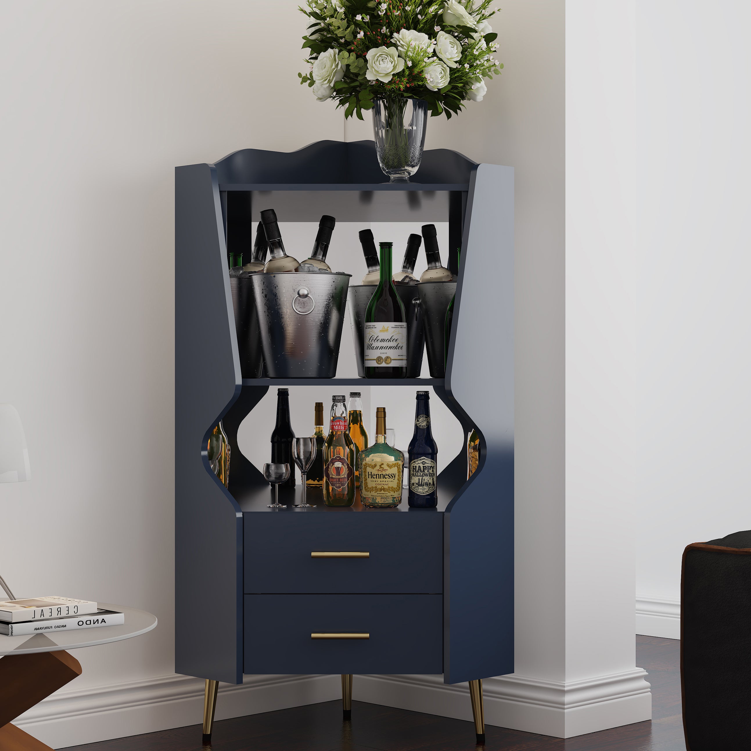 Wooden Corner bar cabinet with 2 open storage shelves and 2 drawers, mirrored back sideboard cabinet, high feet/legs for easy cleaning, buffet cabinet BLUE