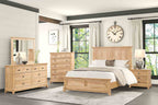Complete farmhouse bedroom set featuring full size oak finish bed, dresser, chest, and nightstands in a bright, rustic interior.