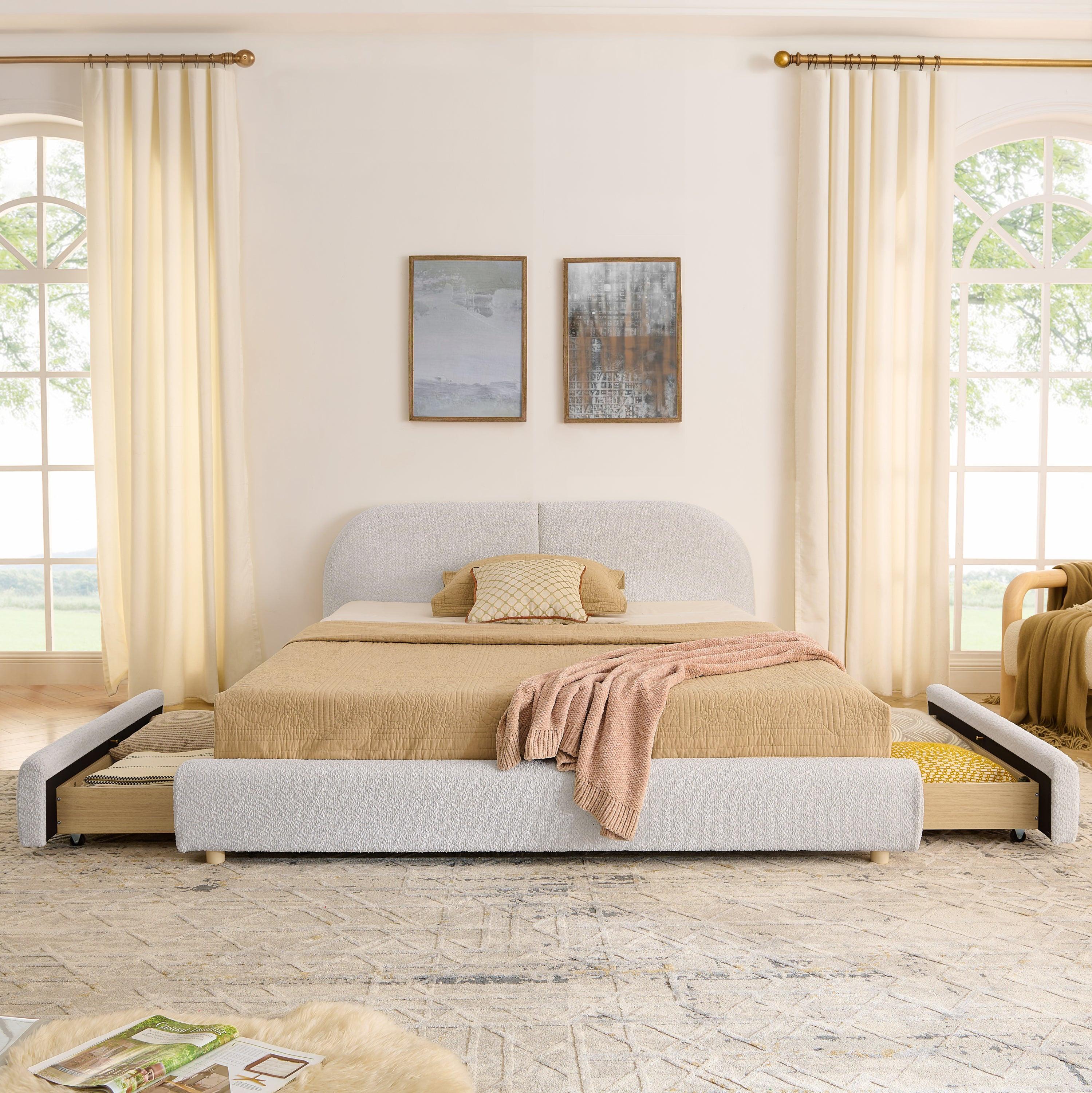 Queen Size Upholstered Bed Frame - Circle Yarn Fabric.