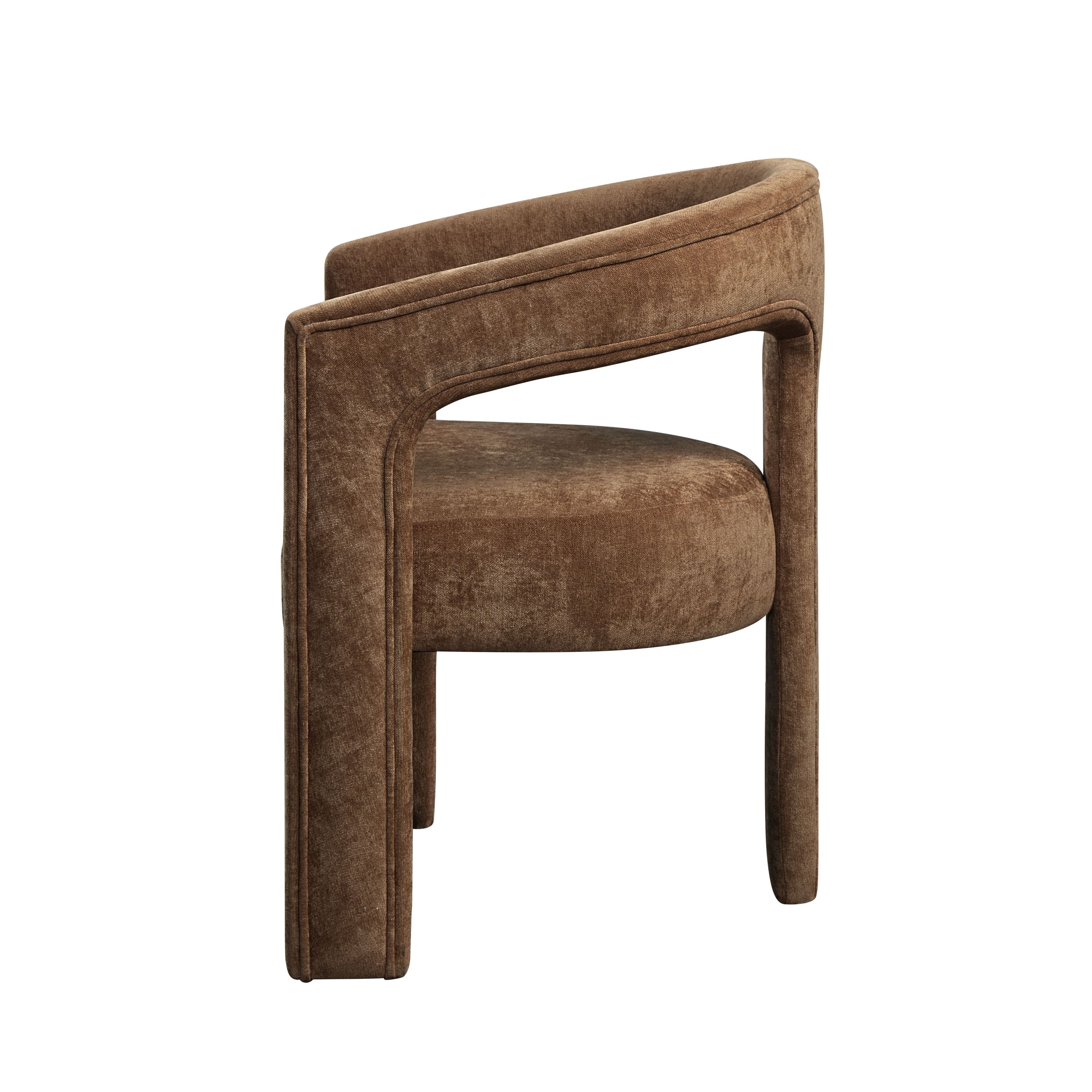 Side profile of brown linen armchair highlighting its modern curved armrest and thick cushioned seat for added comfort.