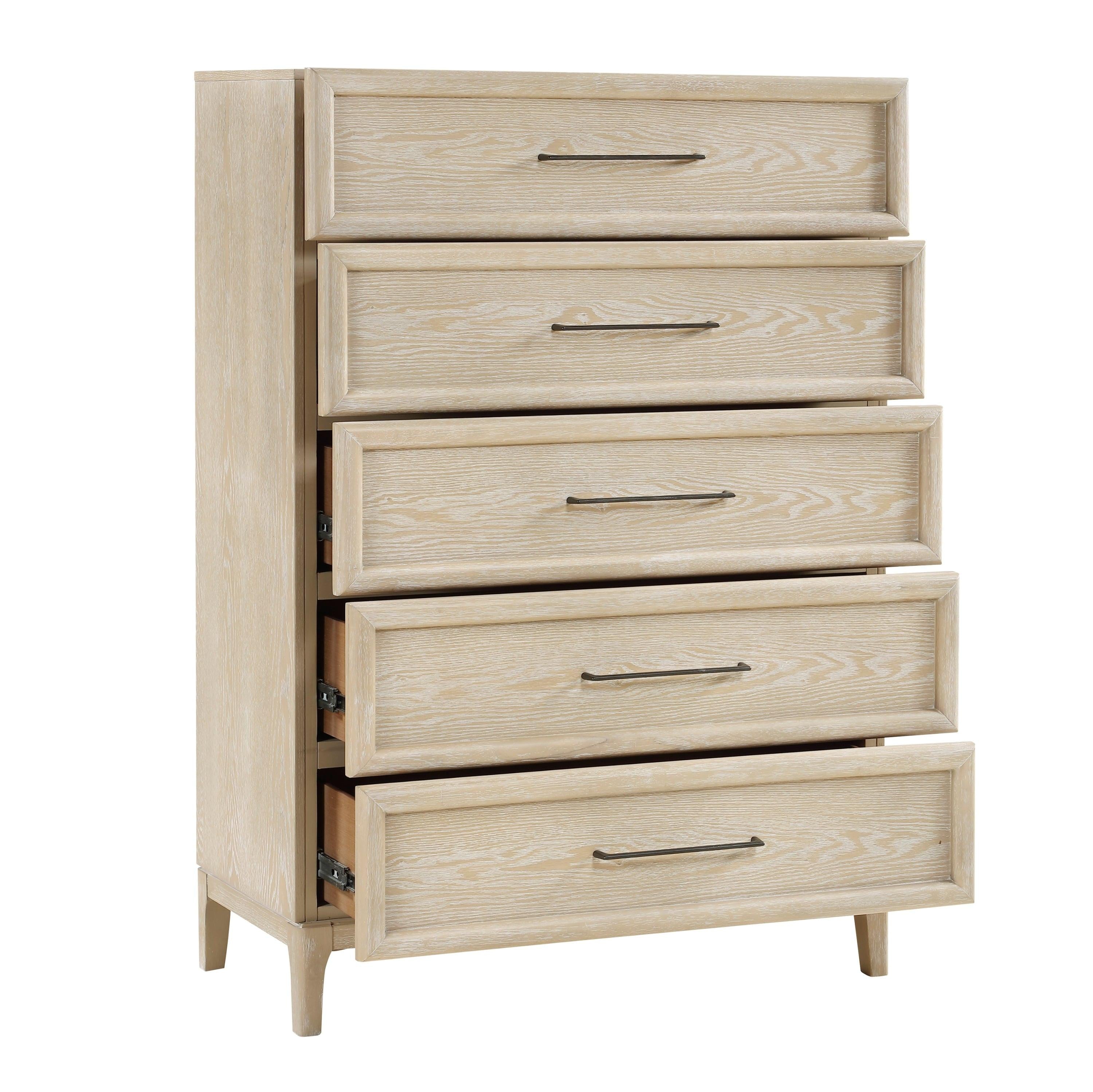 Wooden Storage Chest with 5 Drawers in Light Brown Finish.