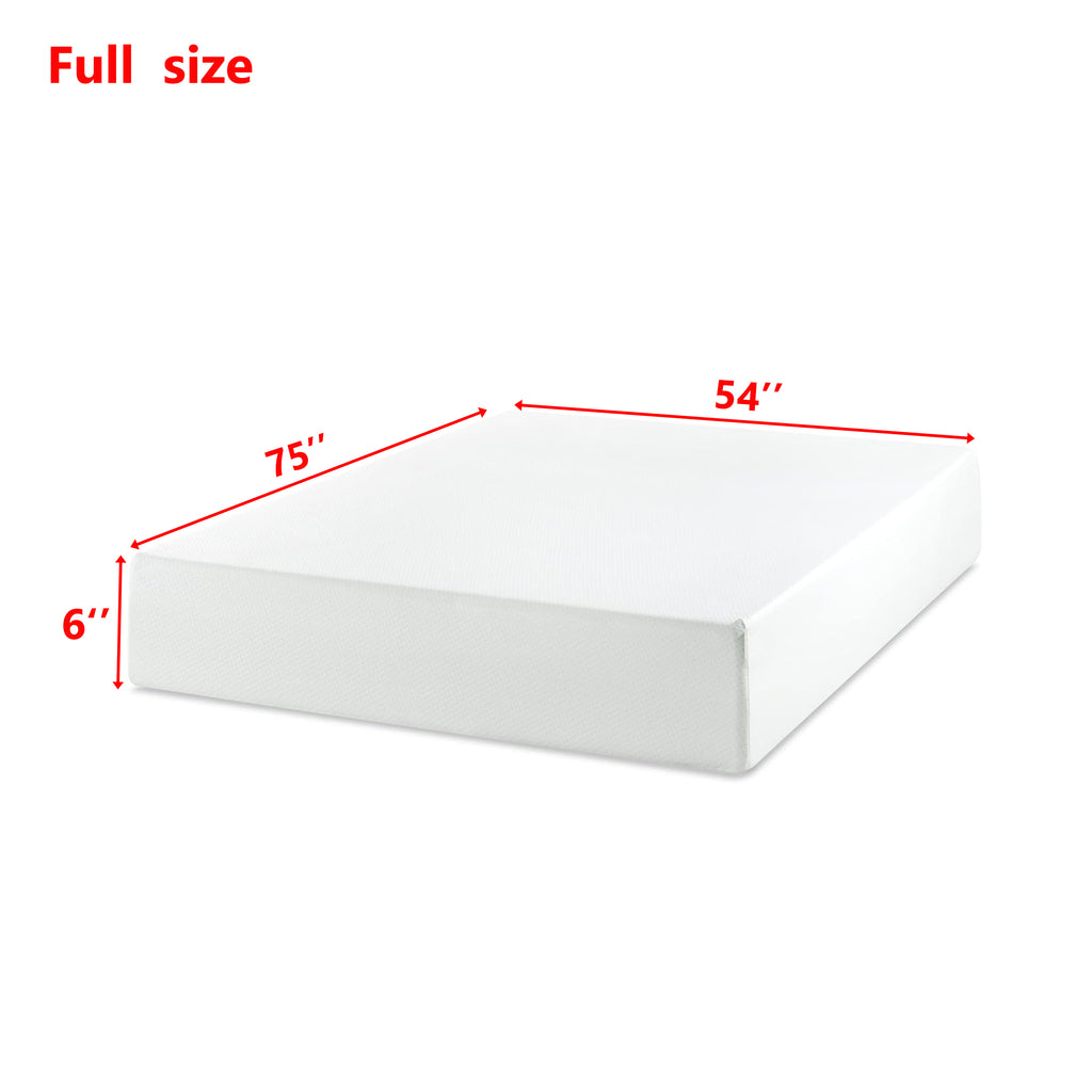 Full-size Green Tea Memory Foam Mattress dimensions: 75x54x6 inches. Compact, supportive, and ideal for small bedrooms or guest rooms.