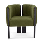 Front view of a modern dining chair with olive green fabric and black rubber wood legs, designed for comfort and durability.