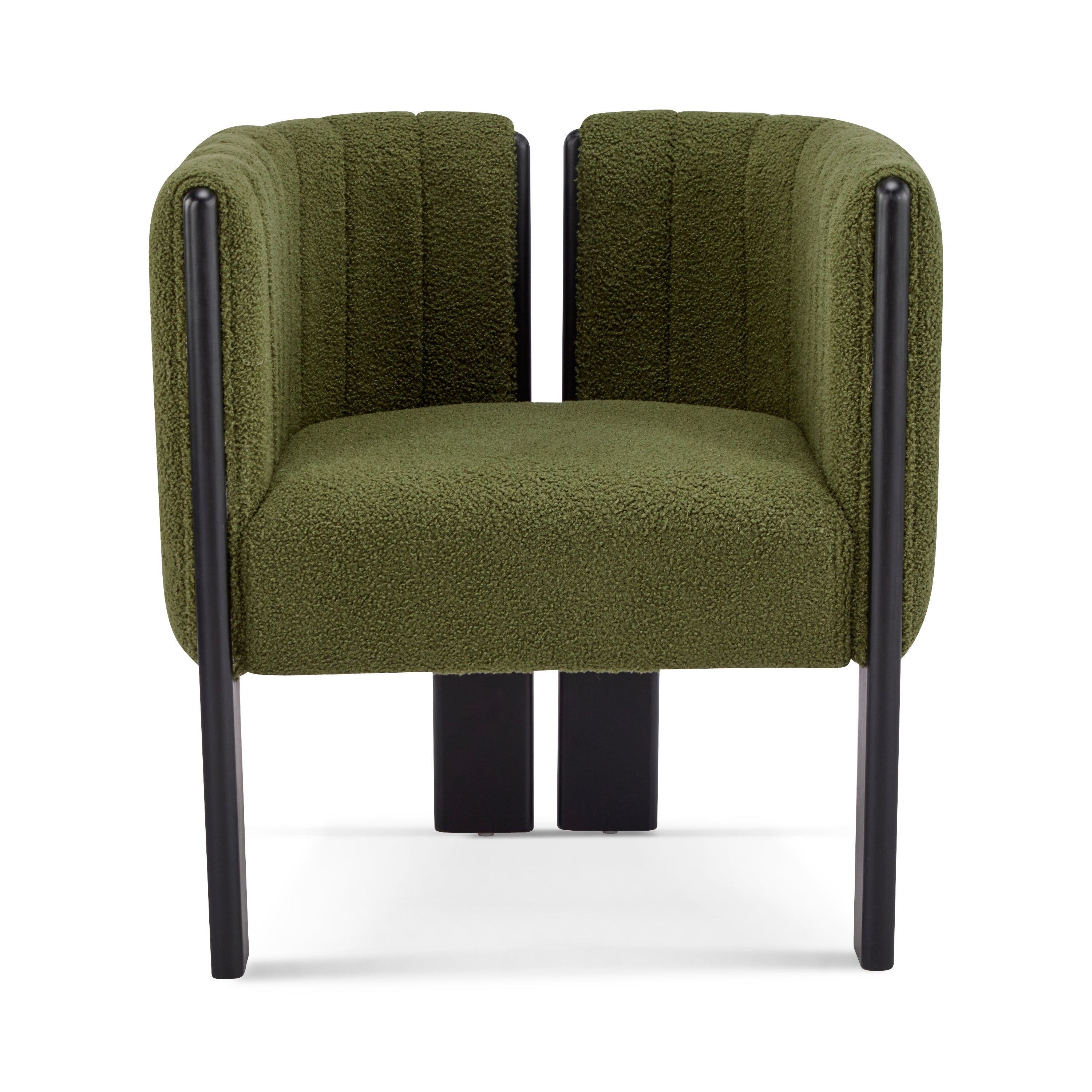 Front view of a modern dining chair with olive green fabric and black rubber wood legs, designed for comfort and durability.