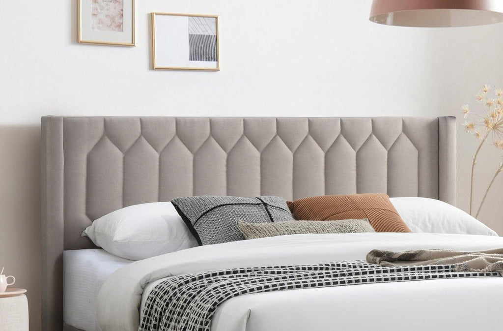 Full Size Burlap Fabric Bed Frame with Diamond Design.