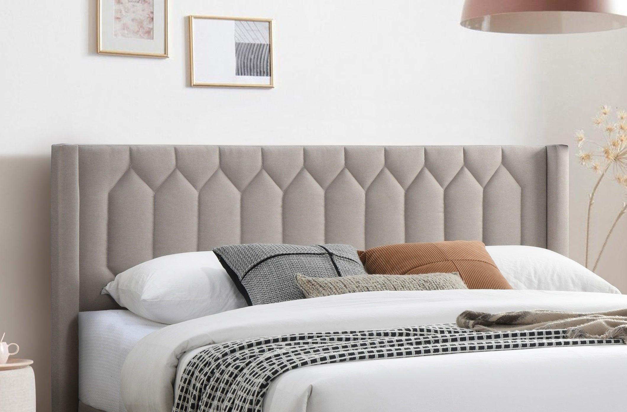 Full Size Burlap Fabric Bed Frame with Diamond Design.
