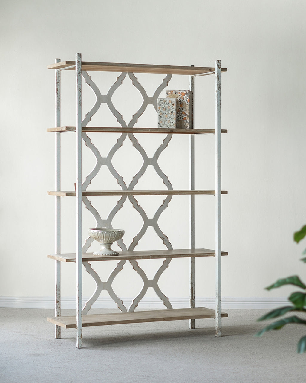 75-Inch Distressed Five-Tiered Wooden Bookshelf with Ornate Cut-Outs