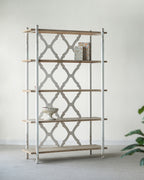 75-Inch Distressed Five-Tiered Wooden Bookshelf with Ornate Cut-Outs