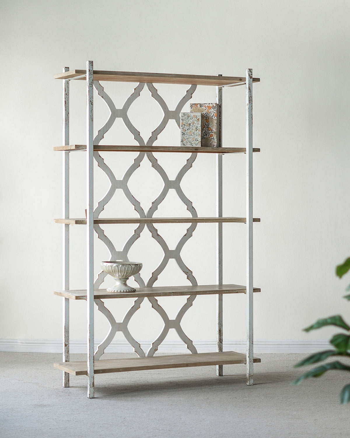 75-Inch Distressed Five-Tiered Wooden Bookshelf with Ornate Cut-Outs