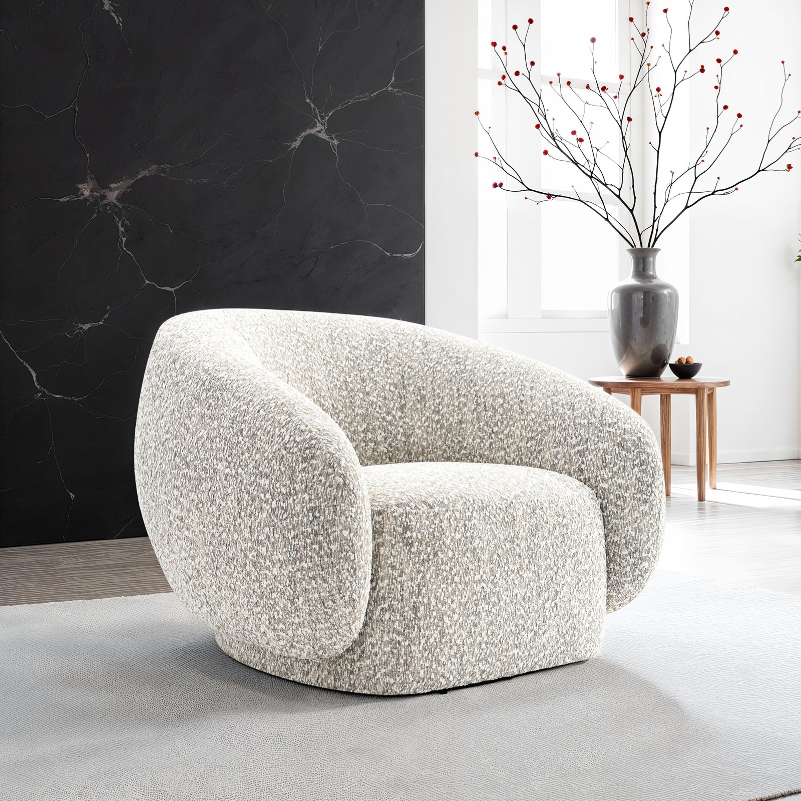 Swivel chair with brown boucle upholstery in a modern living room, featuring curved armrests and plush cushioning for comfort.