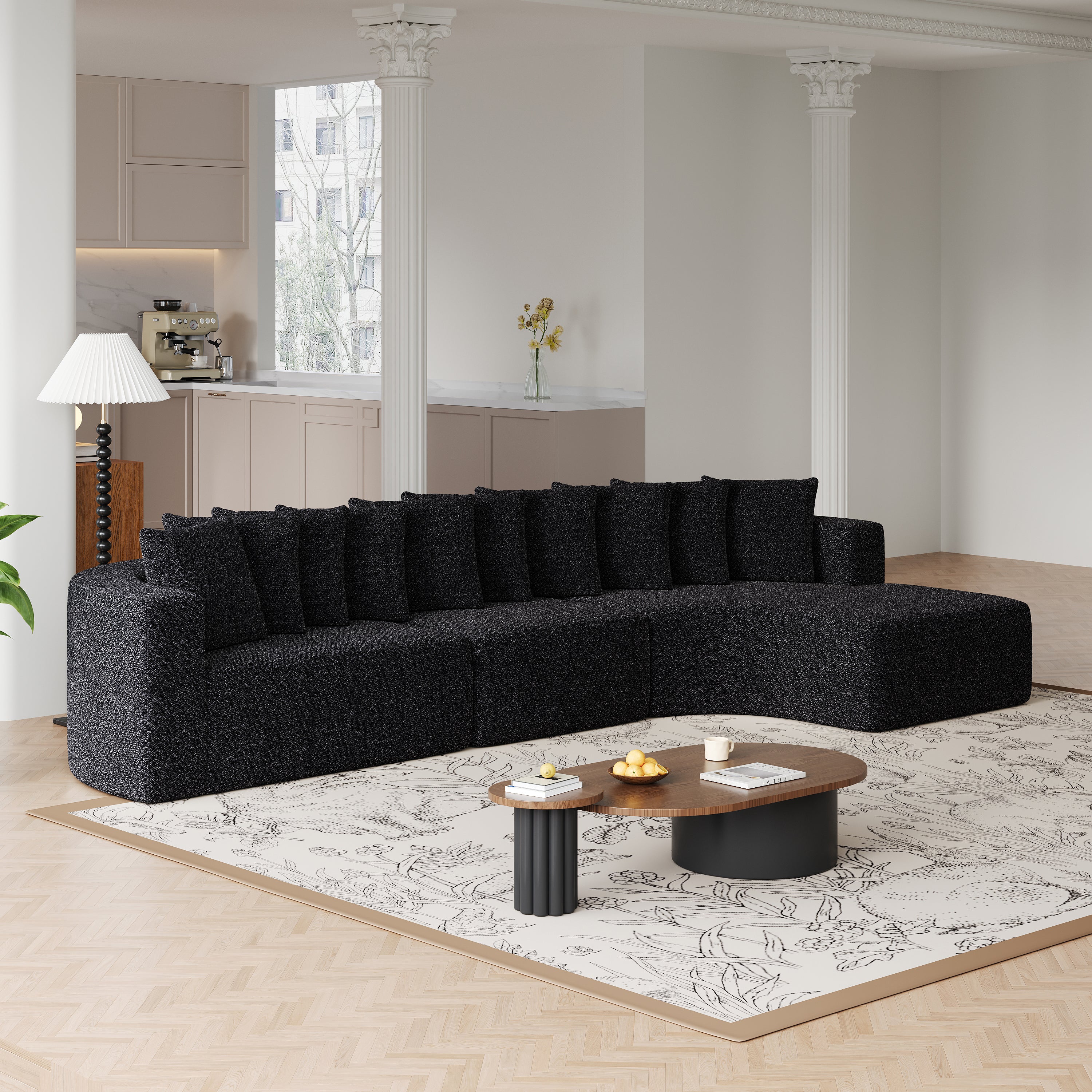 Chenille Sectional Sofa - Modular L-Shaped Sofa in black with 10 pillows, arranged in a spacious living room with floral rug and wood flooring.