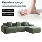 High-elastic sponge feature of modular corduroy sofa shown with hand pressing into cushion, emphasizing support and comfort.