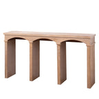 Angled view of Rustic Archway Console Table highlighting its sturdy build and decorative arched leg details.
