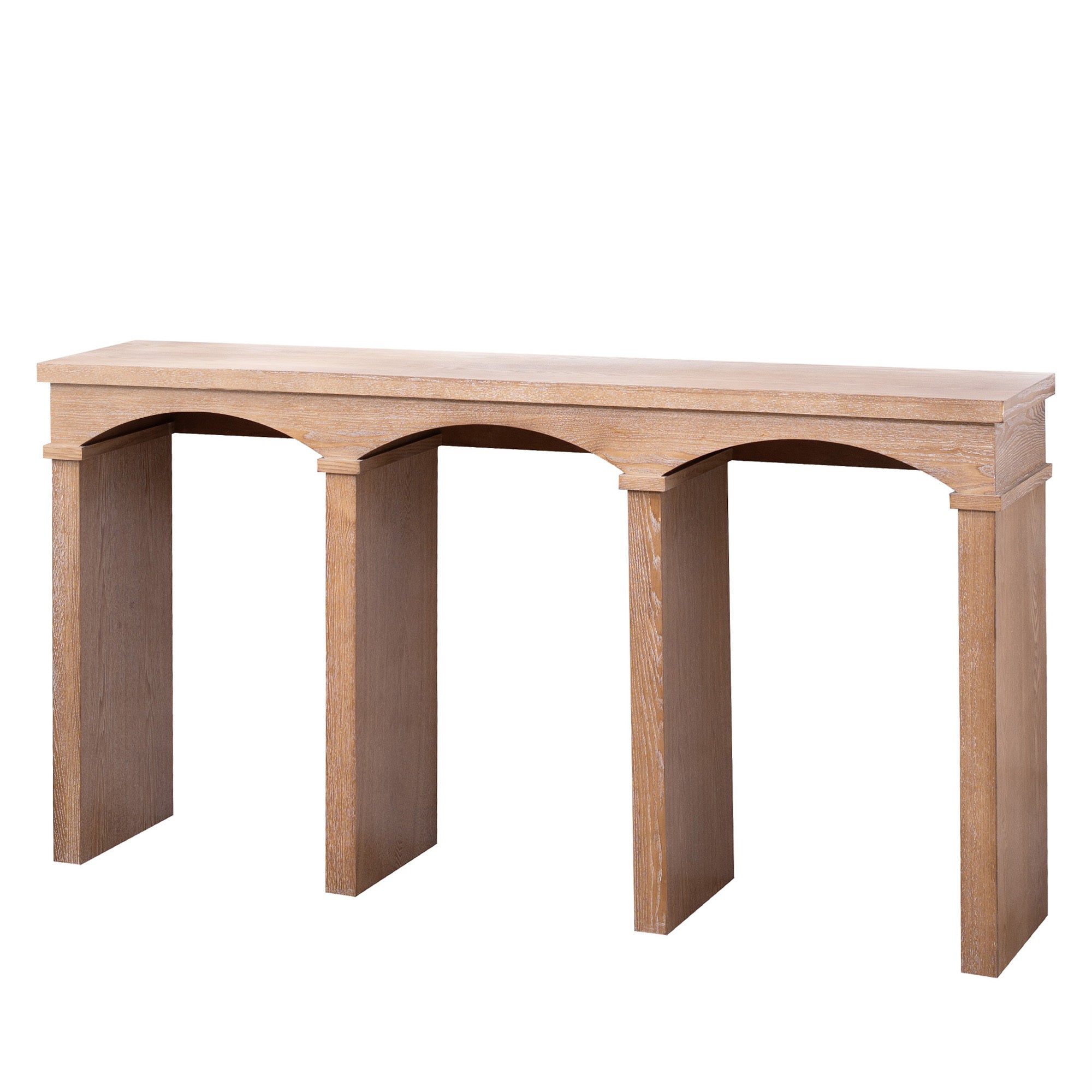 Angled view of Rustic Archway Console Table highlighting its sturdy build and decorative arched leg details.