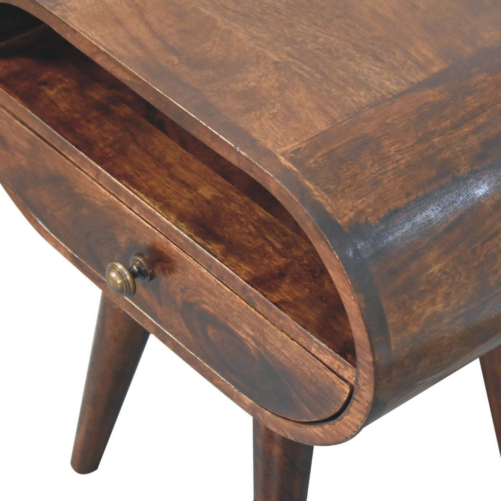 Solid Wood California Walnut Circular Bedside with 1-Drawer, Open Slot, Nordic Legs, Dark Brown.
