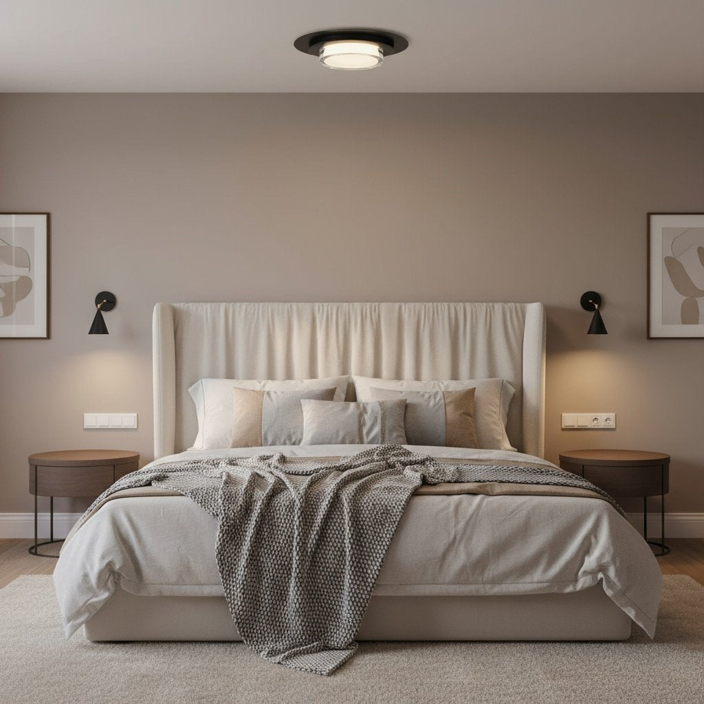 16 Inch LED Flush Mount Ceiling Fixture in a bedroom setting, offering soft, dimmable lighting with sleek black finish.