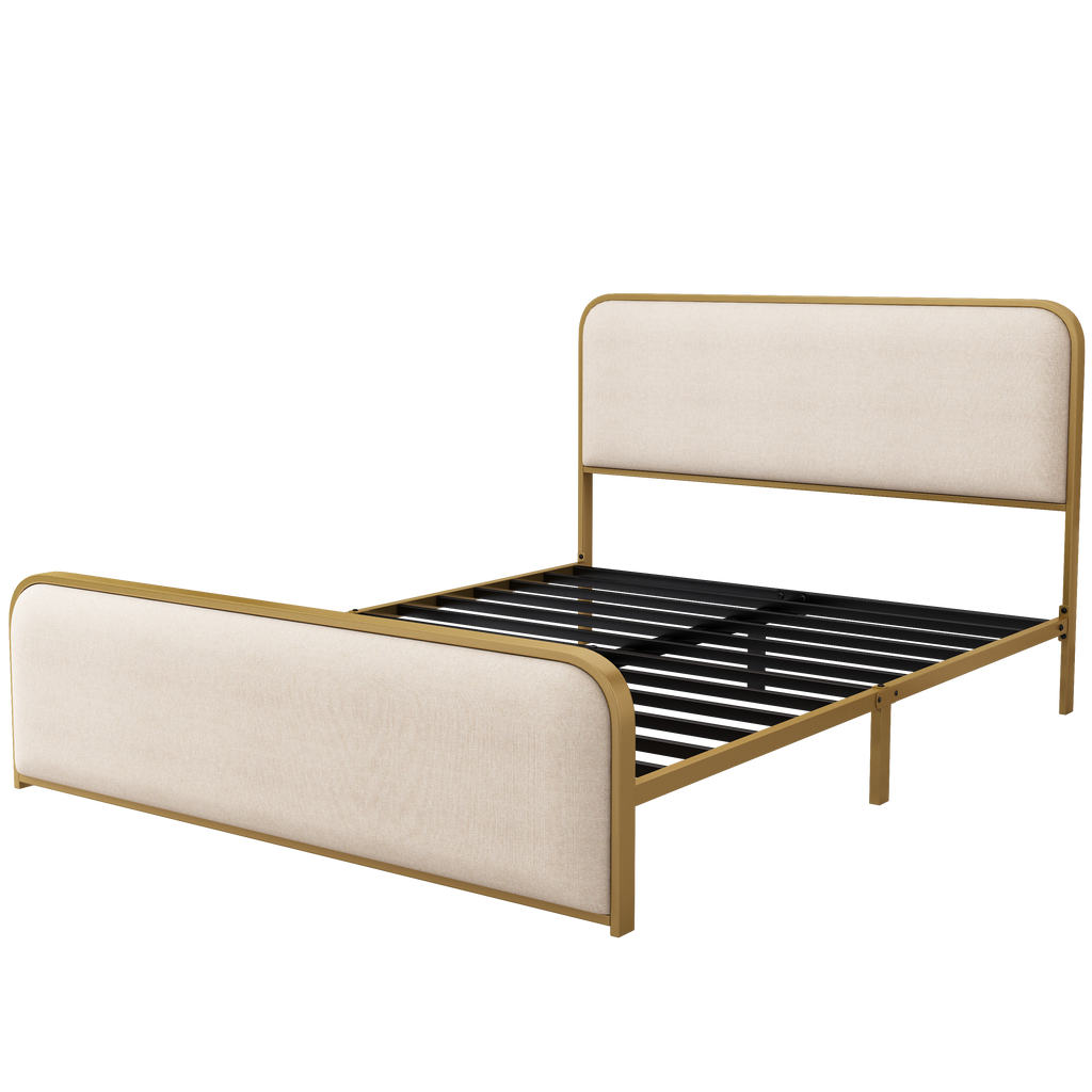Queen Metal Bed Frame with Upholstered Headboard and Storage.