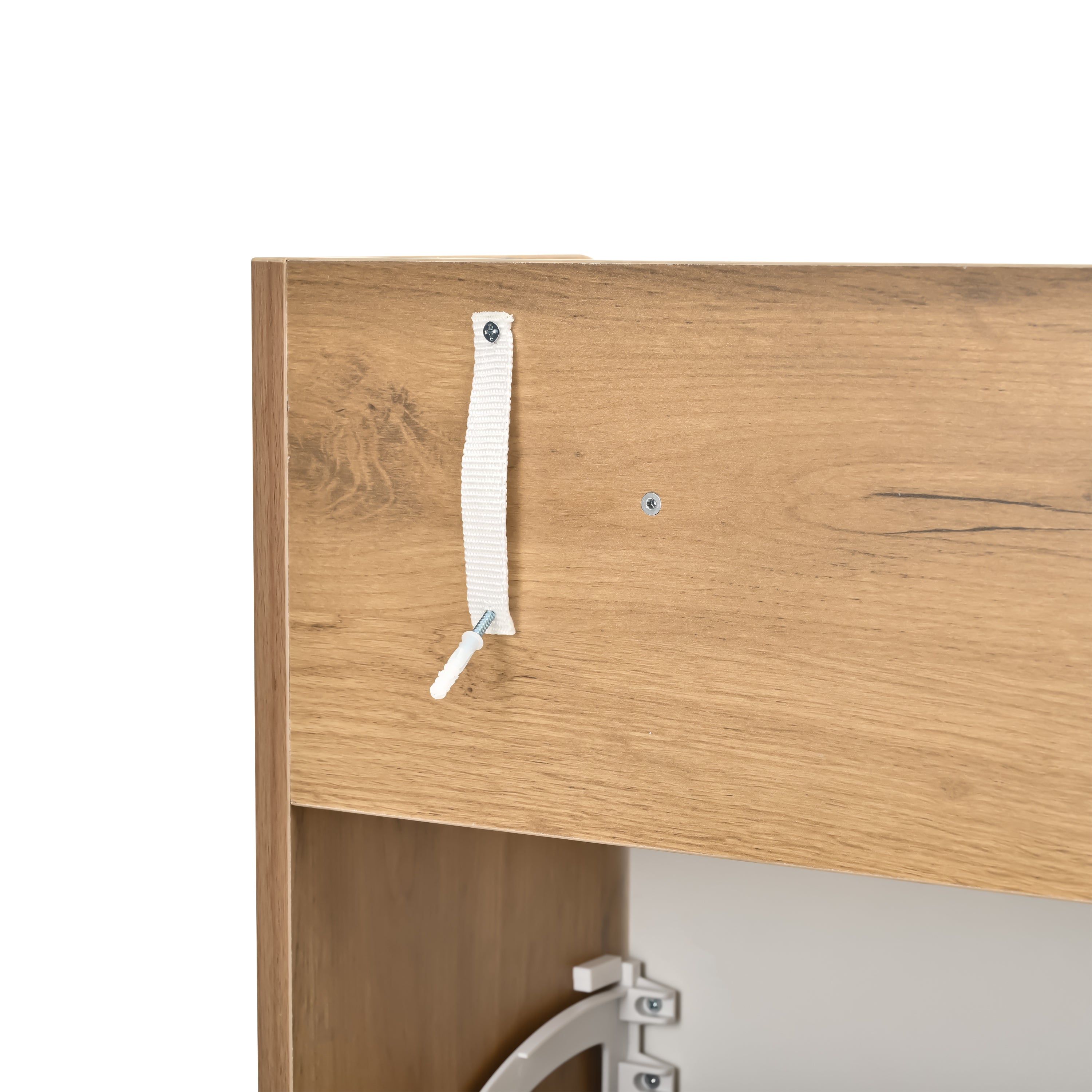 Detail of anti-tip safety strap on the White Shoe Cabinet - Large Storage | Minimalist Design, ensuring secure wall mounting for stability.