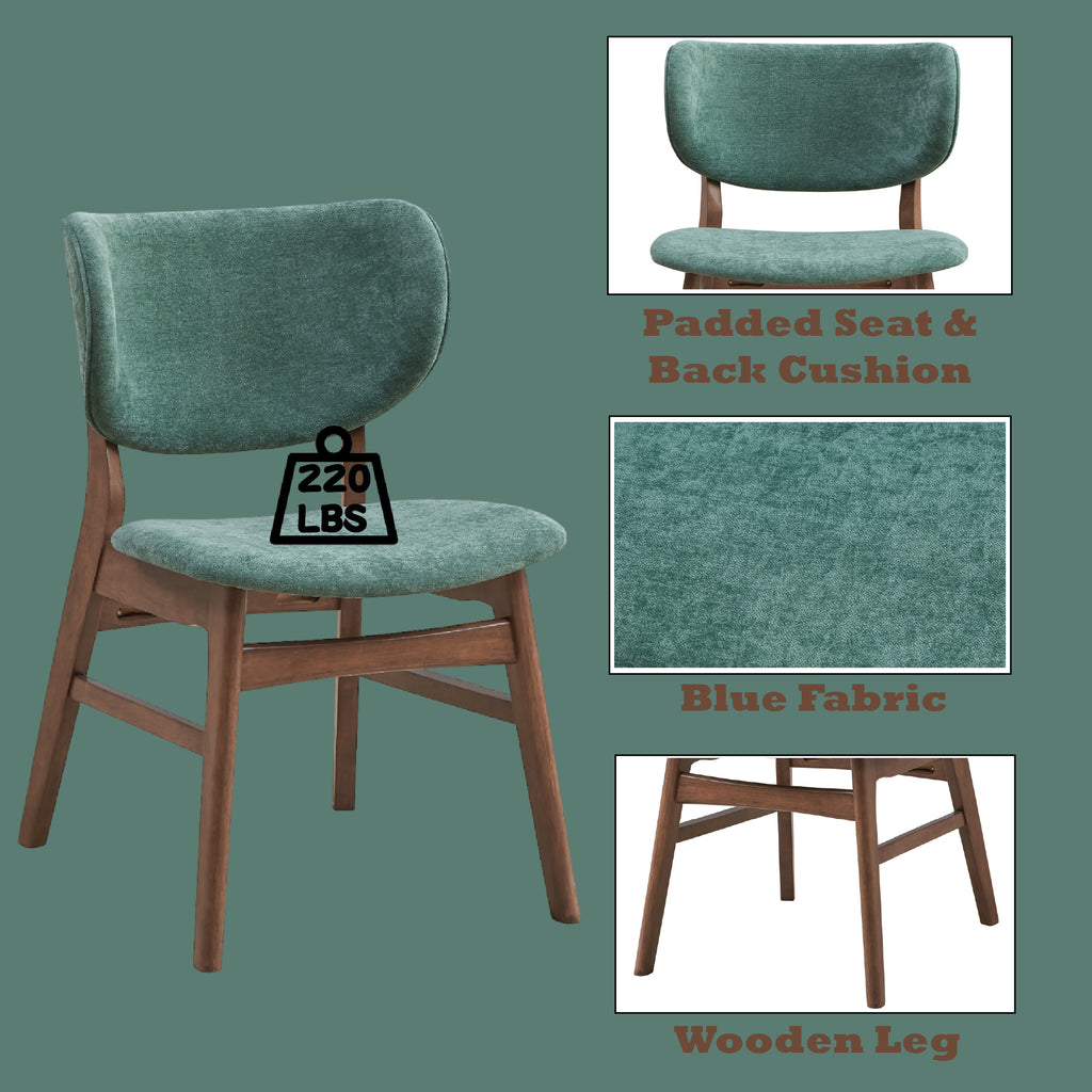 Feature highlights of green upholstered dining chair with walnut legs, including padded cushions, wooden frame, and 220 lbs weight capacity.