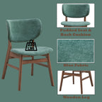 Feature highlights of green upholstered dining chair with walnut legs, including padded cushions, wooden frame, and 220 lbs weight capacity.