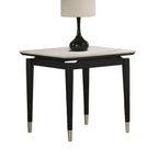 Sintered Stone End Table in contemporary design featuring sleek black arrow legs with silver tips and a white stone top.