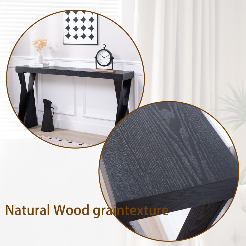 Natural wood grain texture detail on modern black console table, highlighting its elegant and contemporary design.