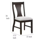 Espresso Finish Dining Chair dimensions: 38 inches high, 17.5 inches wide, 23 inches deep with upholstered seat and slat back.