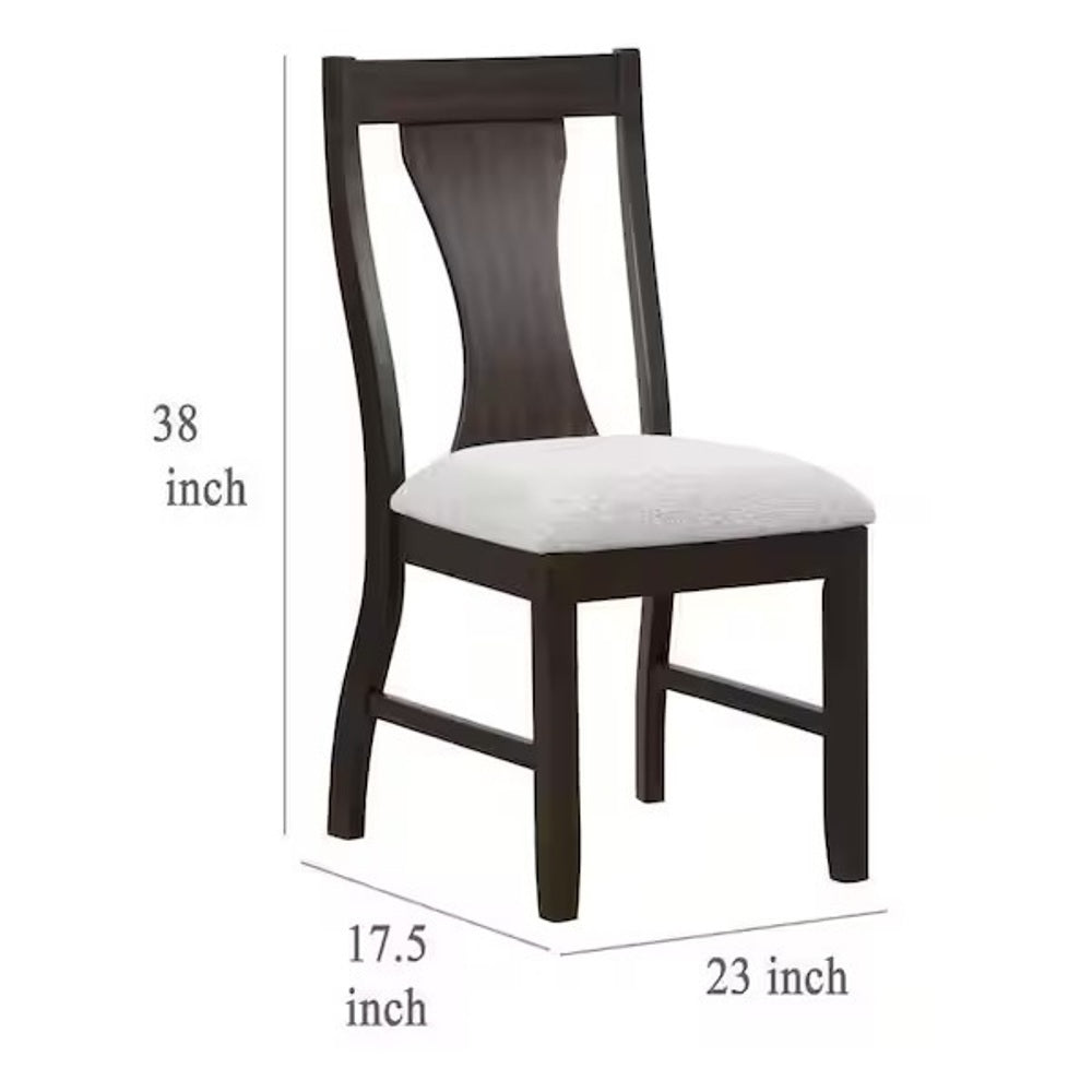 Espresso Finish Dining Chair dimensions: 38 inches high, 17.5 inches wide, 23 inches deep with upholstered seat and slat back.