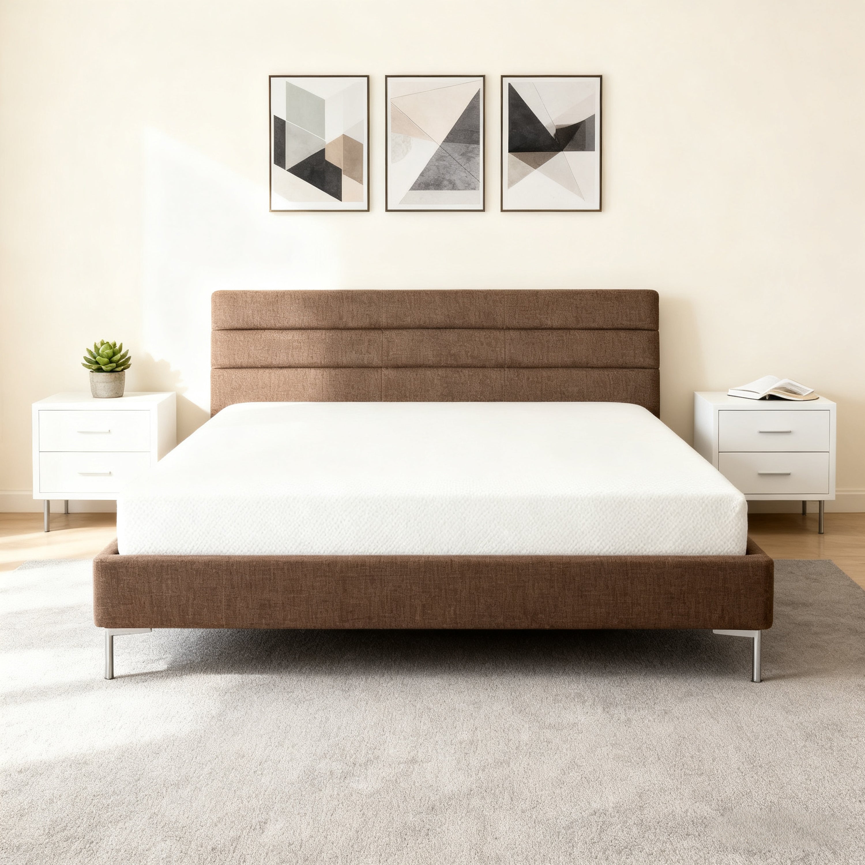 Twin Memory Foam Mattress - Green Tea shown on a modern brown bed frame with white nightstands, offering stylish comfort and support.