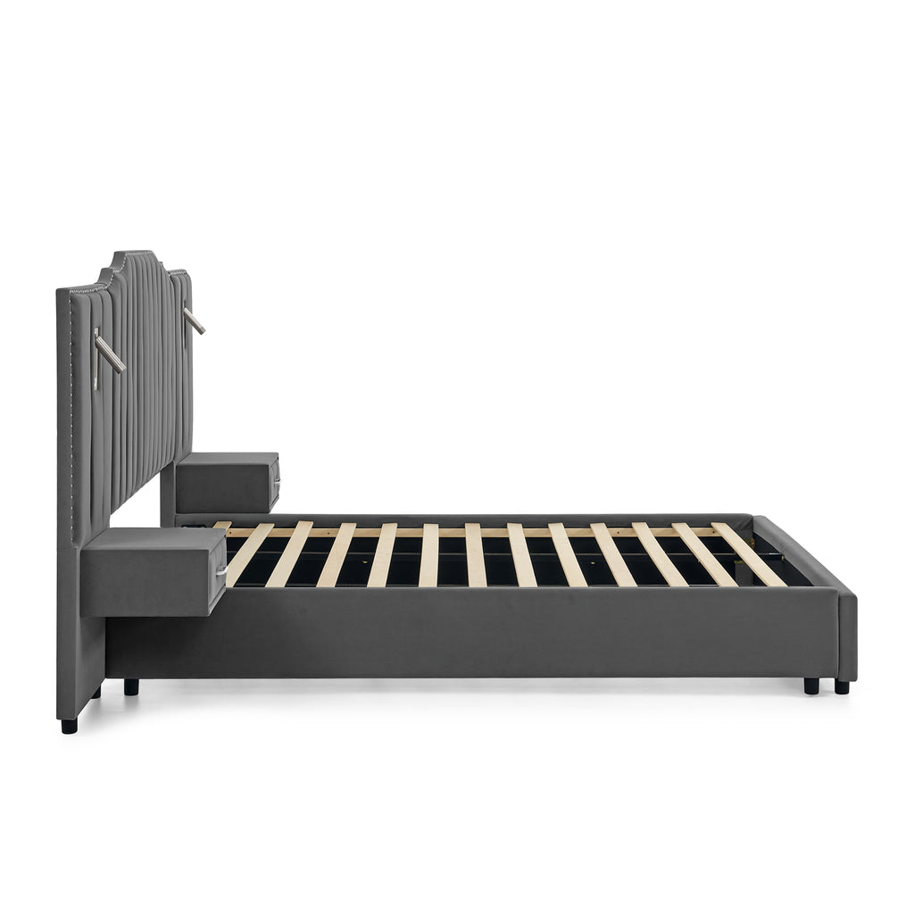 Side profile of velvet queen bed frame with slatted base and vertical headboard, showing sturdy construction and modern design.