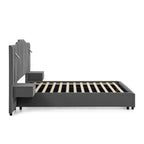 Side profile of velvet queen bed frame with slatted base and vertical headboard, showing sturdy construction and modern design.