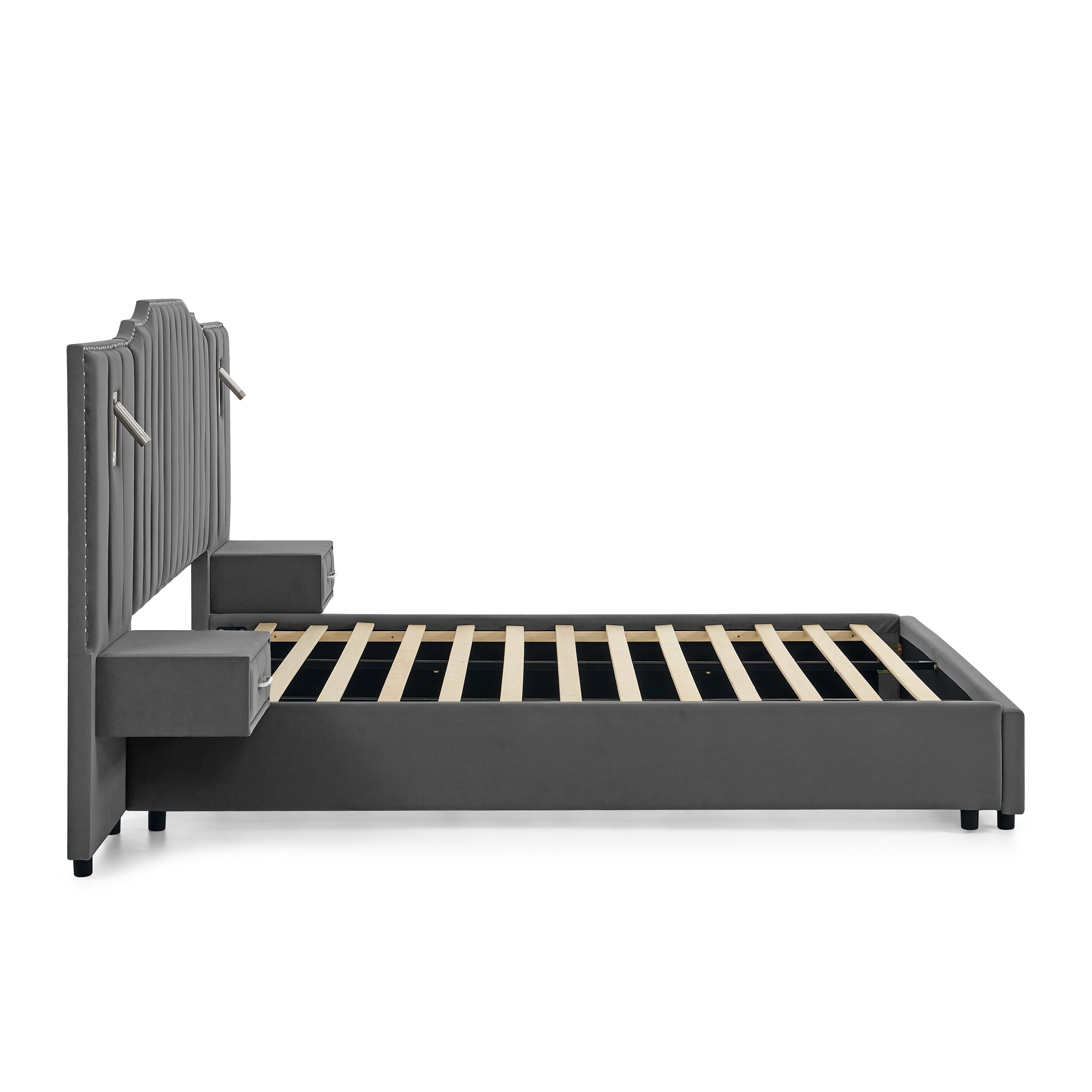 Side profile of velvet queen bed frame with slatted base and vertical headboard, showing sturdy construction and modern design.