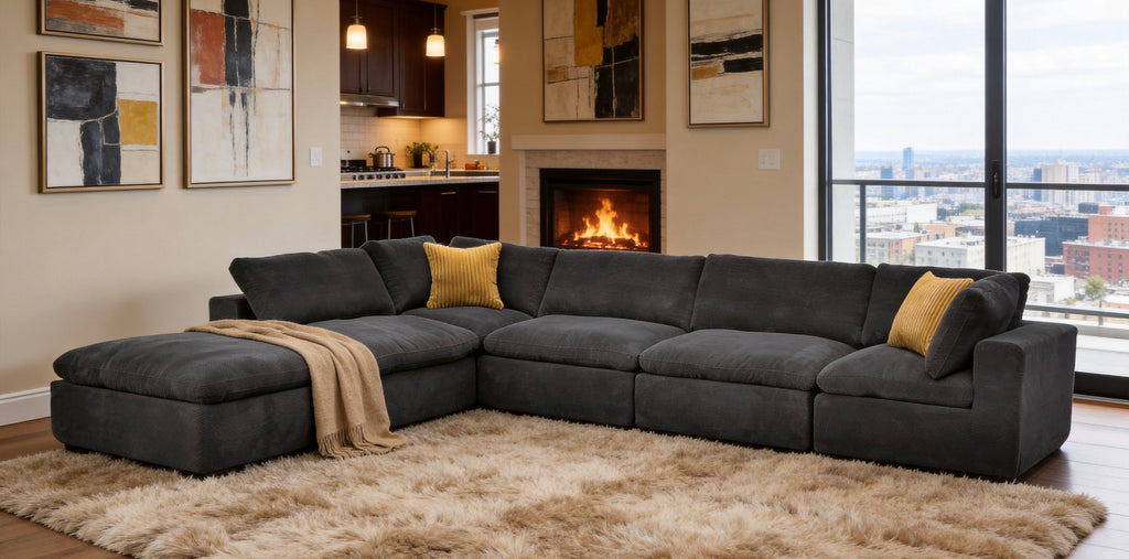 Dark gray modular sectional sofa with plush upholstery, yellow throw pillows, and tan blanket on a shaggy area rug.
