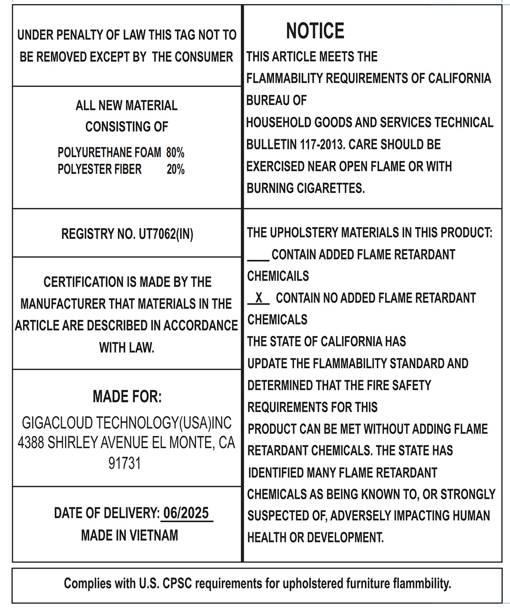 Furniture flammability label for retro dining set, indicating compliance with safety standards and materials used in upholstery.