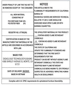 Furniture flammability label for retro dining set, indicating compliance with safety standards and materials used in upholstery.