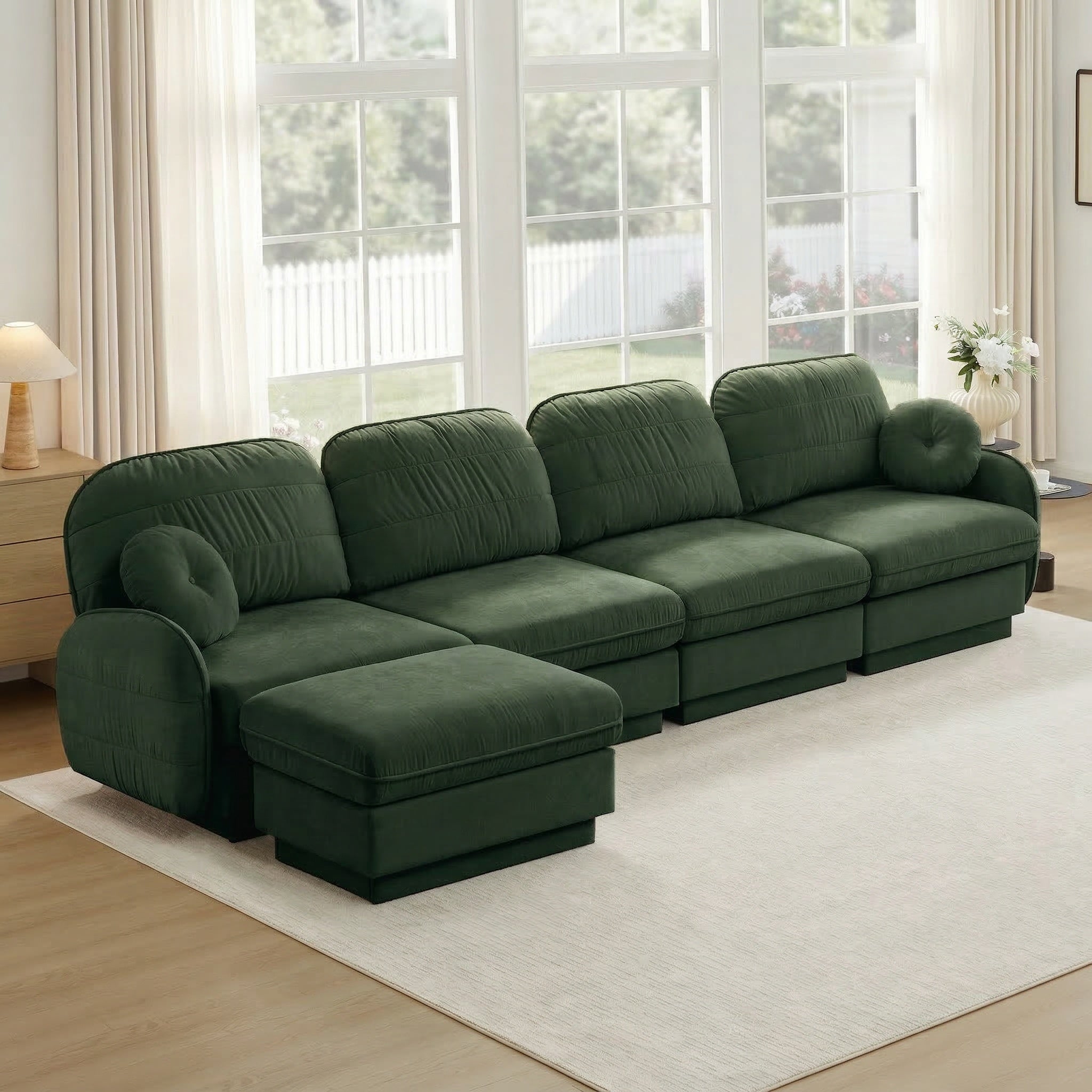 137-Inch Oversize Green Chenille L-Shaped Sofa with Movable Ottoman