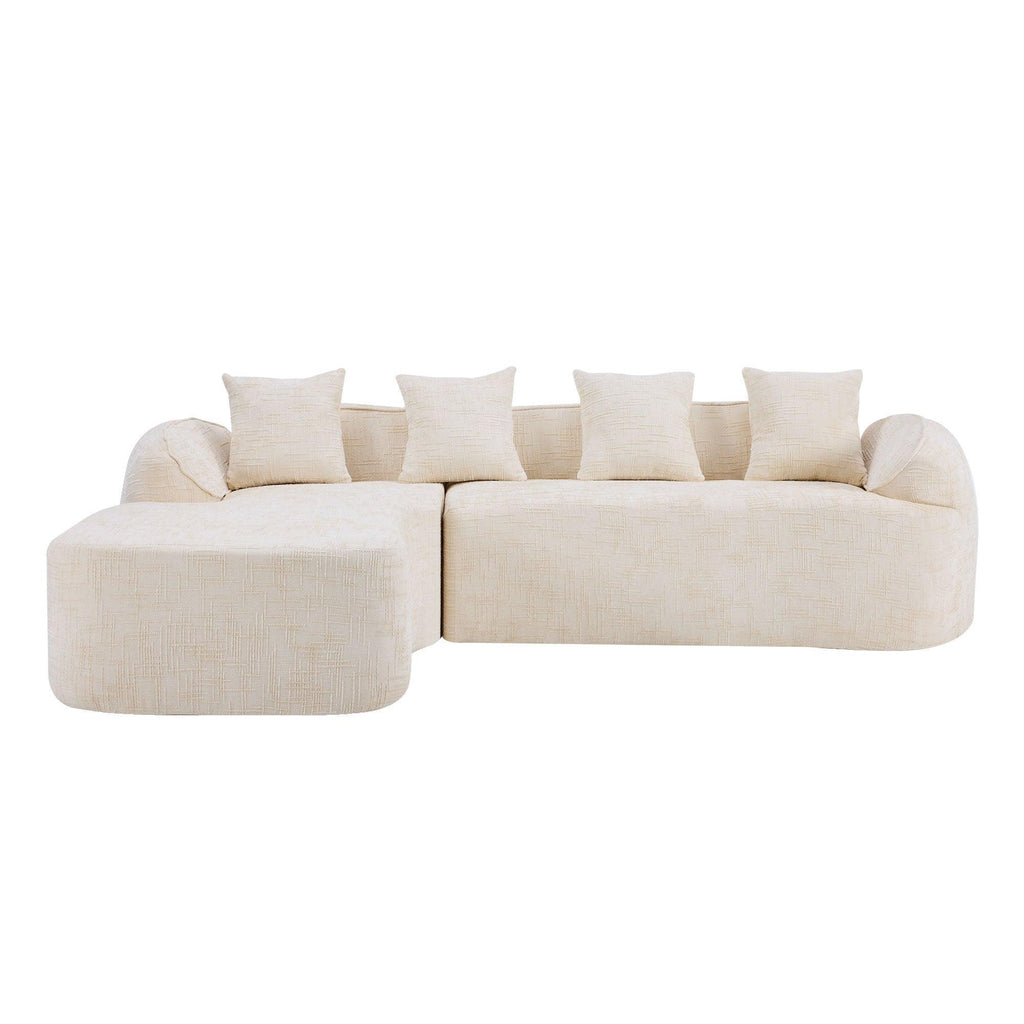 Front view of full L-shaped beige chenille sofa with five pillows, designed for comfort and seating up to four people.