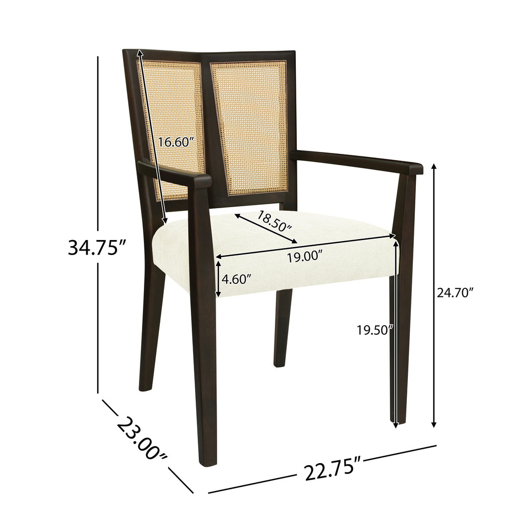 Mid Century Dining Chair dimensions with rattan backrest and cushioned seat, highlighting ergonomic design and size specifications.