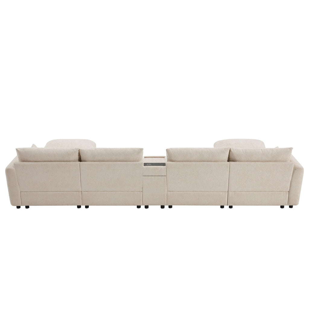 Back view of 136'' modular sectional sofa in beige with center console. Designed for comfort, storage, and tech-friendly living spaces.
