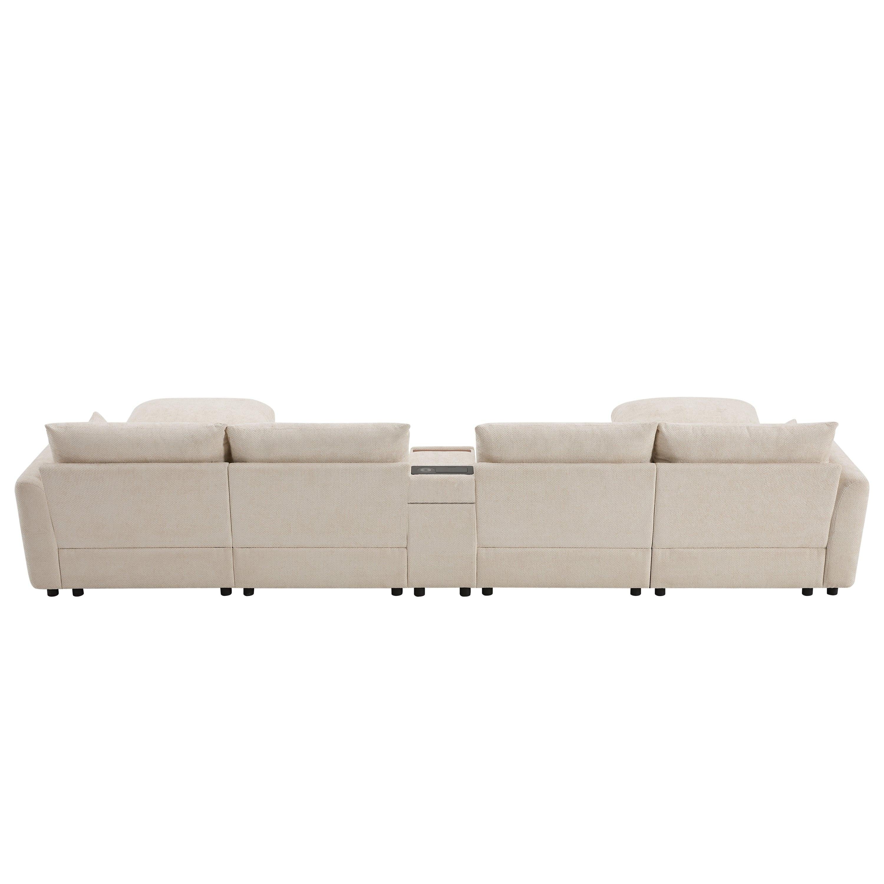 Back view of 136'' modular sectional sofa in beige with center console. Designed for comfort, storage, and tech-friendly living spaces.