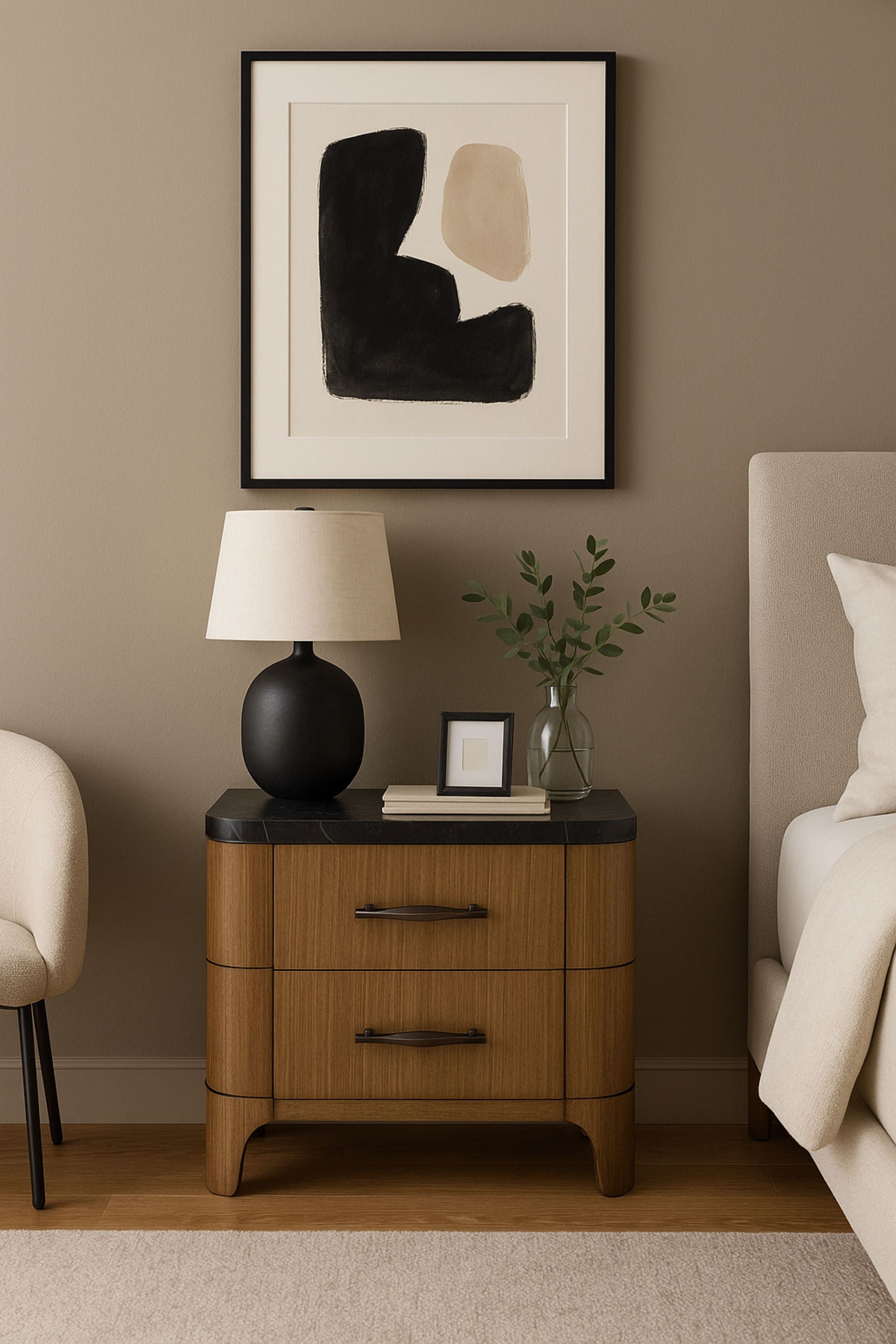 Stone Top Nightstand - 2 Drawer with USB Charging styled in a bedroom setup, paired with modern decor and neutral tones for a cozy look.