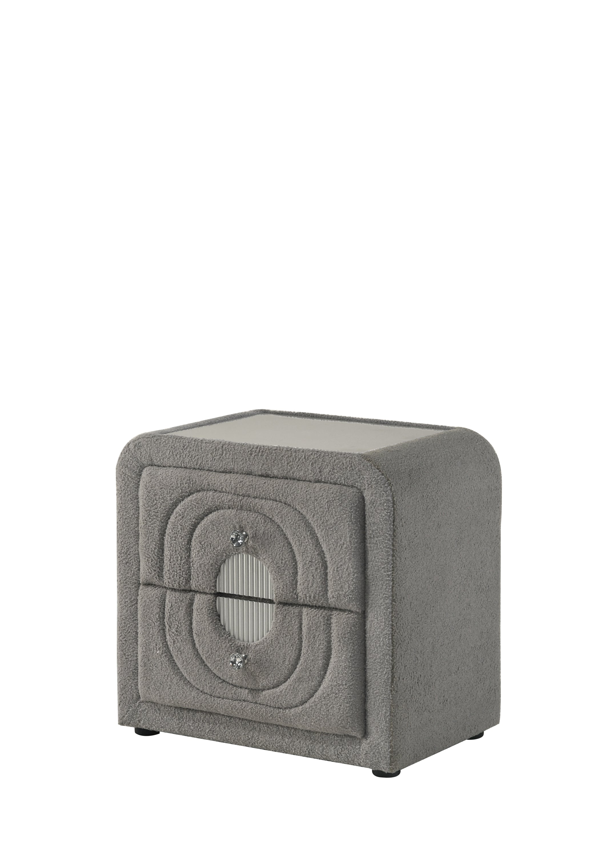 Gray Chrome Nightstand with Teddy Sherpa in closed position. Upholstered in soft fabric with crystal drawer pulls and a glass top surface.