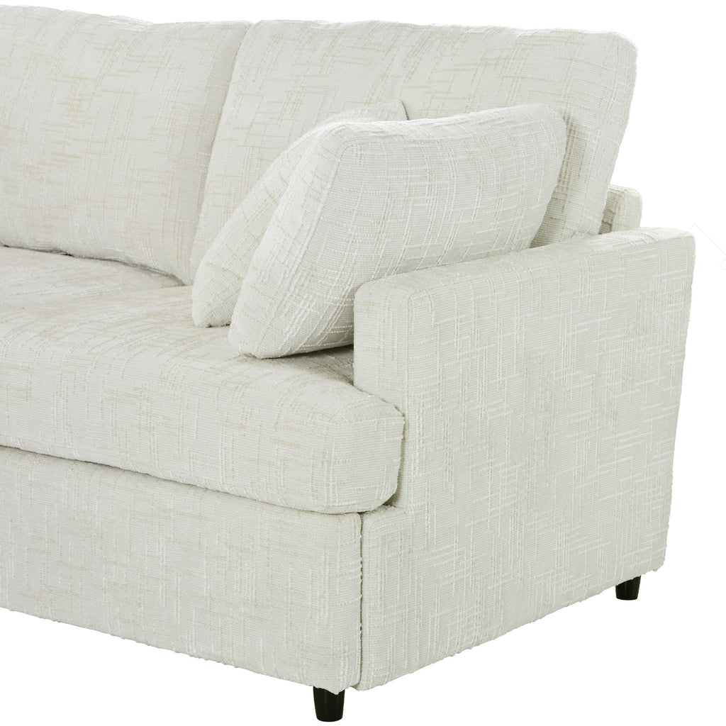 Close-up of armrest and cushion on U-shaped sectional sofa, showcasing textured chenille fabric and supportive padding.
